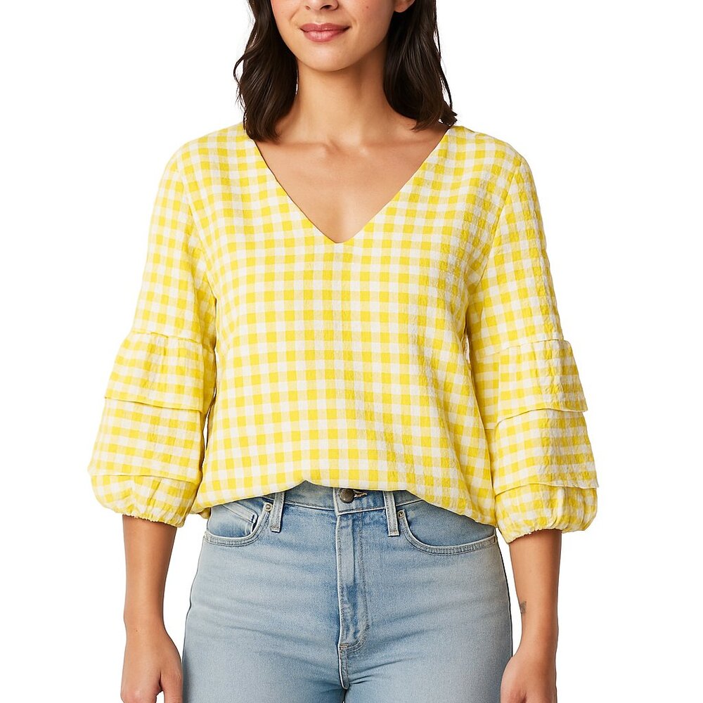 Velvet Heart Yellow Gingham Puff Sleeve Blouse Large V Neck Cottagecore Spring
